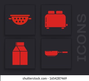 Fijar sartén , Cocina colador , Tostadora con tostadas y paquete de papel para el icono de leche. Vector