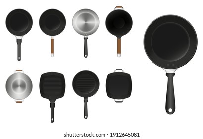 set of frying pan kitchen utensil or aluminium flat frying pan or realistic stainless steel flat cooking pan concept. eps 10 vector