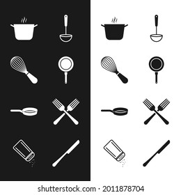 Set Frying pan, Kitchen whisk, Cooking pot, ladle, Crossed fork, Knife and Salt and pepper icon. Vector