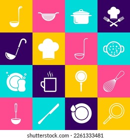 Set Frying pan, Kitchen whisk, Cooking soup pot, Chef hat, ladle,  and  icon. Vector
