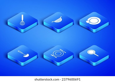 Set Frying pan, Kitchen whisk, Plate, fork and knife, ladle, colander and Washing dishes icon. Vector