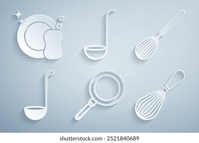 Set Frying pan, Kitchen whisk, ladle,  and Washing dishes icon. Vector