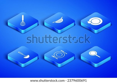 Set Frying pan, Kitchen whisk, Plate, fork and knife, ladle, colander and Washing dishes icon. Vector