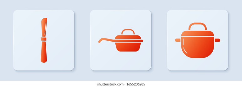 Set Frying pan , Knife  and Cooking pot . White square button. Vector