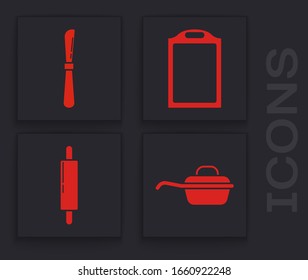 Set Frying pan , Knife , Cutting board  and Rolling pin  icon. Vector