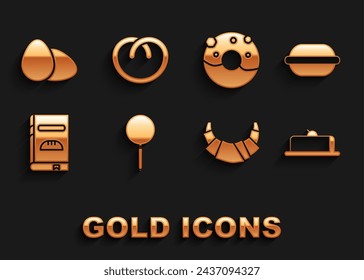 Set Frying pan, Macaron cookie, Strawberry cheesecake slice, Croissant, Cookbook, Donut with sweet glaze, Chicken egg and Pretzel icon. Vector