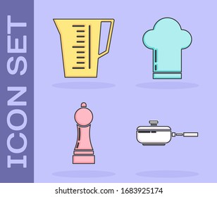 Set Frying pan , Measuring cup, Pepper  and Chef hat  icon. Vector