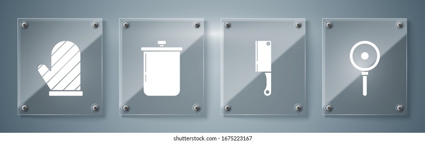 Bratpfanne , Fleischchopper , Kochtopf und Backhandschuh . Viereckige Glasplatten. Vektorillustration