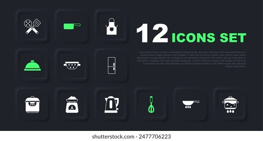 Set Frying pan on fire, Cooking pot, Kitchen colander, whisk, Covered with tray of food, Scales,  and Electric kettle icon. Vector