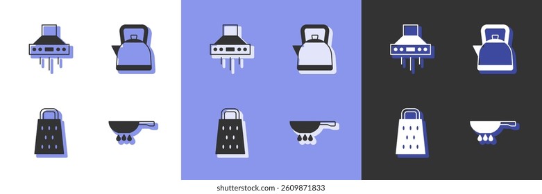 Set Frying pan on fire, Kitchen extractor fan, Grater and Kettle with handle icon. Vector