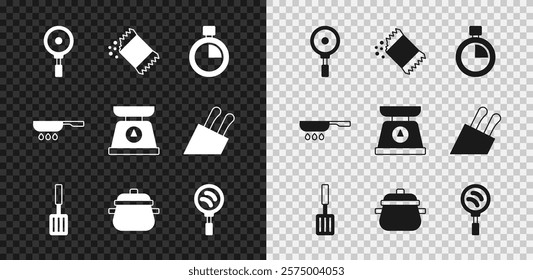 Set Frying pan, Packet of pepper, Stopwatch, Barbecue spatula, Cooking pot,  and Scales icon. Vector