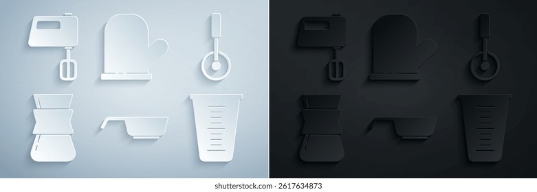 Set Frying pan, Pizza knife, Coffee turk, Measuring cup, Oven glove and Electric mixer icon. Vector