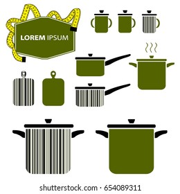 Set of Frying Pan & Pot in Different Styles with Measuring Tape and Text Space Label. Flat Design Vector Illustration