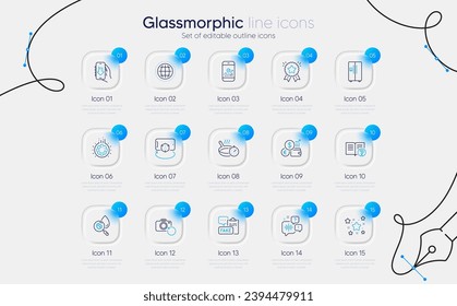 Set of Frying pan, Ranking star and Refrigerator line icons for web app. Download app, Help, Currency rate icons. Water analysis, Gear, Voicemail signs. Globe, Stars, Smartphone statistics. Vector