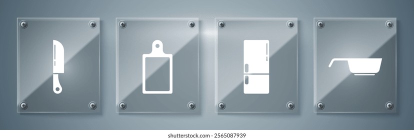 Set Frying pan, Refrigerator, Cutting board and Knife. Square glass panels. Vector