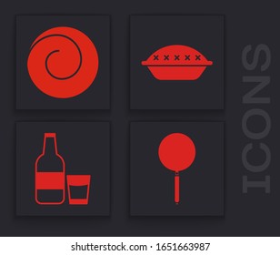 Set Frying pan , Roll bun with cinnamon , Homemade pie  and Glass bottle with milk and glass  icon. Vector