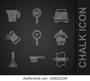 Set Frying pan, Rolling pin on dough, Cooking pot, Barbecue spatula, Packet of pepper, Toaster and Measuring cup icon. Vector
