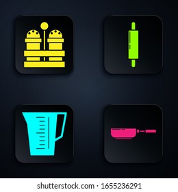 Set Frying pan , Salt and pepper , Measuring cup and Rolling pin . Black square button. Vector