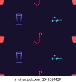 Set Frying pan, Salt and pepper, Kitchen ladle and Cooking pot on seamless pattern. Vector