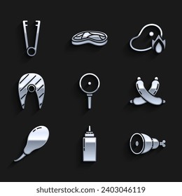 Set Frying pan, Sauce bottle, Chicken leg, Crossed sausage, Fish steak, Grilled meat and fire flame and Meat tongs icon. Vector