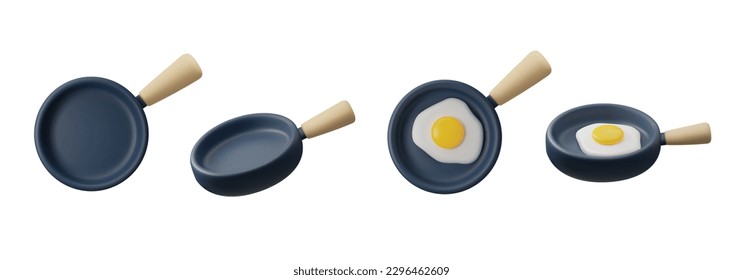 Juego de sartén frita con huevos revueltos y estilo 3D vacío, ilustración vectorial aislada en fondo blanco. Cocina, colección de elementos decorativos de diseño, cocina