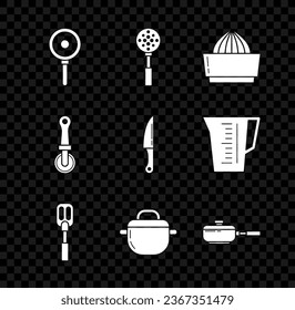 Set Frying pan, Spatula, Citrus fruit juicer, Cooking pot, Pizza knife and Knife icon. Vector