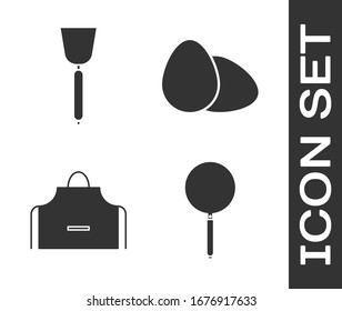 Set Frying pan , Spatula , Kitchen apron  and Chicken egg  icon. Vector