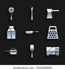 Set Frying pan, Spatula, Microwave oven, Grater, Paper package for milk, Coffee turk and icon. Vector