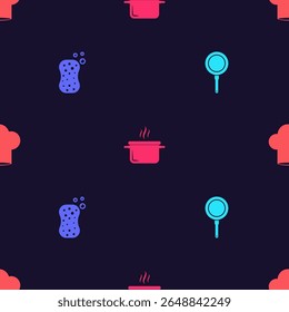 Set Frying pan, Sponge with bubbles, Cooking pot and Chef hat on seamless pattern. Vector