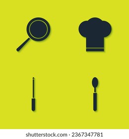 Set Frying pan, Spoon, Knife sharpener and Chef hat icon. Vector