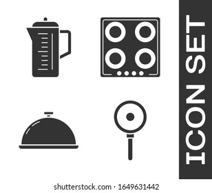 Set Frying pan , Teapot , Covered with a tray of food  and Gas stove  icon. Vector
