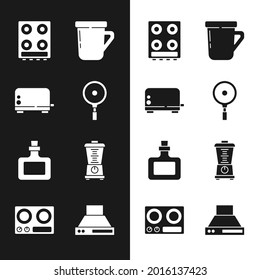 Set Frying pan, Toaster, Gas stove, Coffee cup, Sauce bottle, Blender, Kitchen extractor fan and  icon. Vector