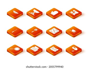 Set Frying pan, Toaster with toasts, Knife sharpener, Pizza knife, Cookbook, Ventilation, Electric mixer and Coffee cup icon. Vector
