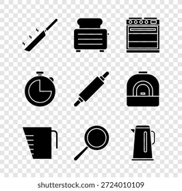 Set Sartén, Tostadora con tostadas, Horno, Taza de medición, Mango de caldera, Temporizador de cocina e icono de rodillo. Vector