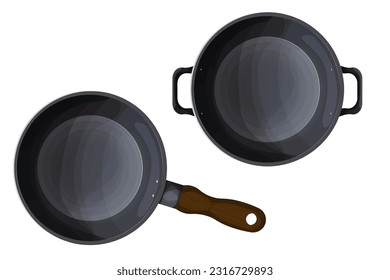 Set Frying pan top view kitchen cookware equipment in cartoon style isolated on white background. Frypan teflon round shape. Vector illustration