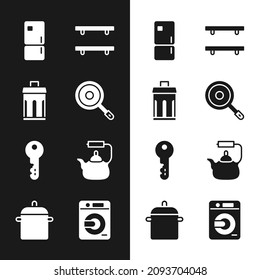 Ponga una sartén de frigorífico, lata de basura, refrigerador, estanterías de madera vacías, llave de la casa, hervidor con asa, lavadora y icono de la olla de cocina. Vector