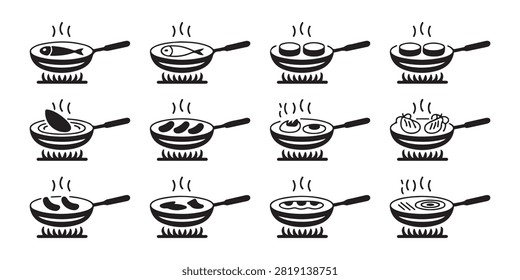 Set of frying pan vector icons with diverse food ingredients like fish meat and vegetables over burning fire flames.