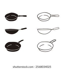 Set of Frying Pan and Wok Illustrations - Kitchenware Silhouette and Outline Design