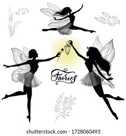 Set of fthree silhouettes figures little fairies. Hand drawn illustration