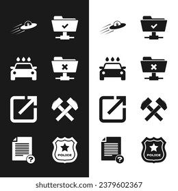 Set FTP cancel operation, Car wash, UFO flying spaceship and alien, successful, Open new window and Two crossed hammers icon. Vector