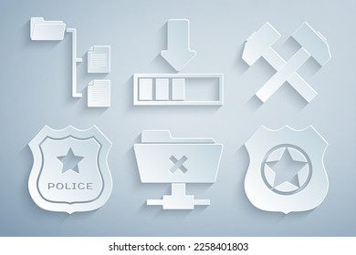 Set FTP cancel operation, Two crossed hammers, Police badge, , Loading and Folder tree icon. Vector