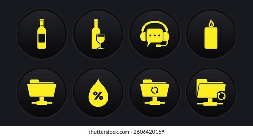 Set FTP folder, Burning candle, Water drop percentage, sync refresh, Headphones with speech bubble and Wine bottle glass icon. Vector