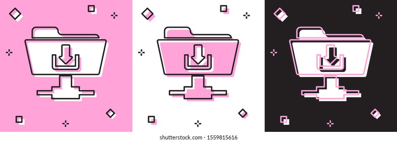 Set FTP folder download icon isolated on pink and white, black background. Software update, transfer protocol, router, teamwork tool management, copy process.  Vector Illustration