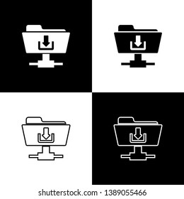 Set FTP folder download icons on black and white background. Concept of software update, transfer protocol, teamwork tool management, copy process. Line, outline and linear icon. Vector Illustration
