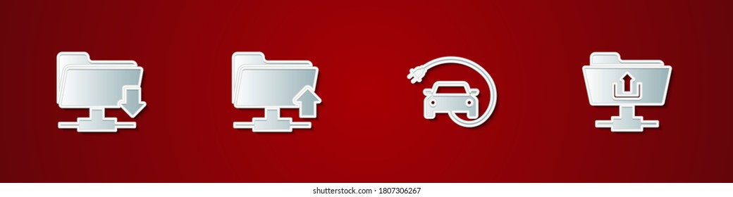 Set FTP folder download, upload, Electric car and icon. Vector.