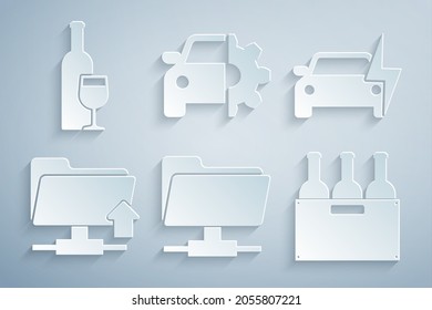 Set FTP folder, Electric car, upload, Bottles of wine in box, Car service and Wine bottle with glass icon. Vector