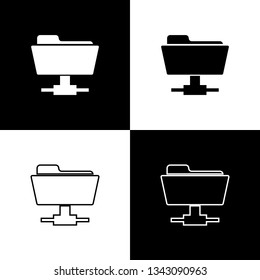 Set FTP folder icons on black and white background. Concept of software update, transfer protocol, router, teamwork tool management. Line, outline and linear icon. Vector Illustration