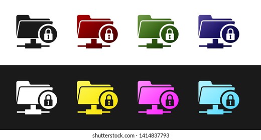 Set FTP folder and lock icon isolated on black and white background. Concept of software update, ftp transfer protocol. Security, safety, protection concept. Vector Illustration