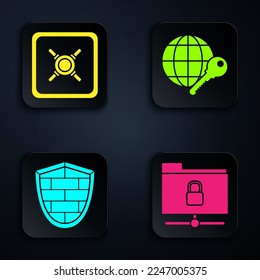 Set FTP folder and lock , Safe , Shield with cyber security brick wall  and Globe key . Black square button. Vector