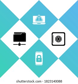 Set FTP folder, Mobile with closed padlock, Laptop exclamation mark and Safe icon. Vector.